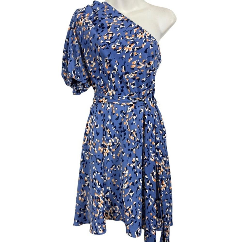 Nine West One Shoulder Belted Mini Blue Animal Print Party Summer Dress sz L